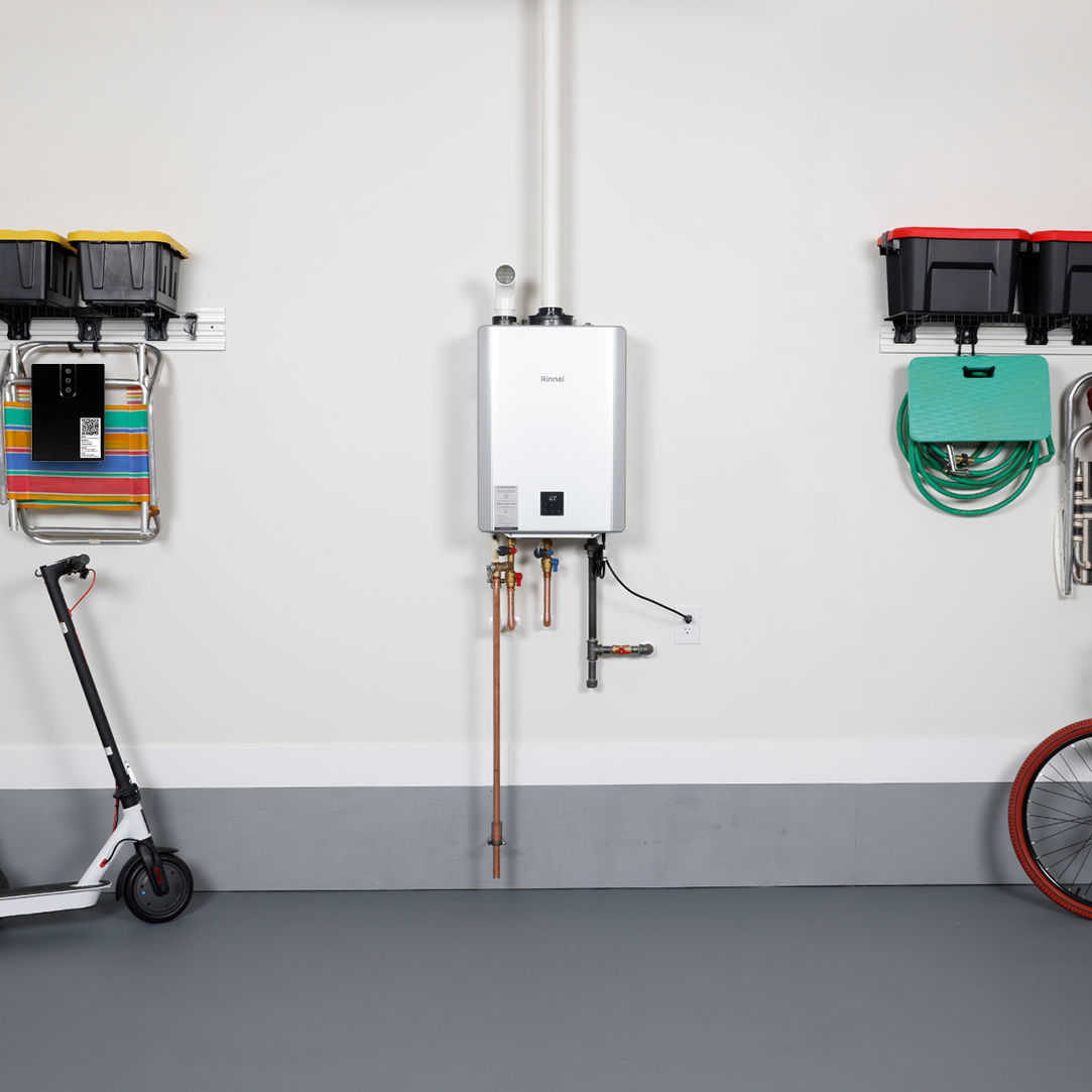 Residential Rinnai tankless on a garage wall