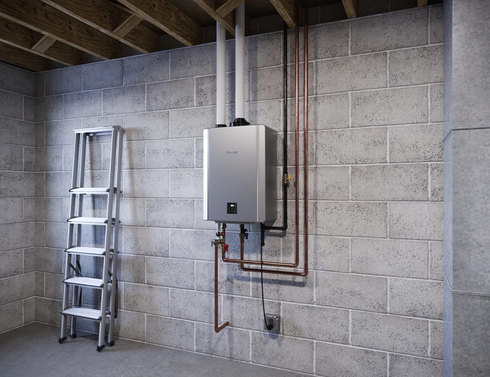 Rinnai tankless installed on a basement block wall